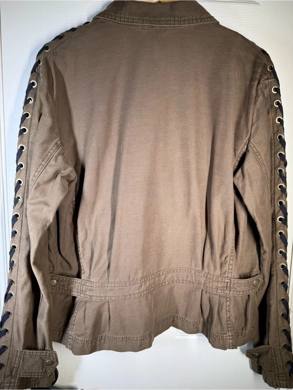Free People Sz  L Faye Military Jacket Olive Green With Lace-Up Corset Sleeve - Picture 6 of 9